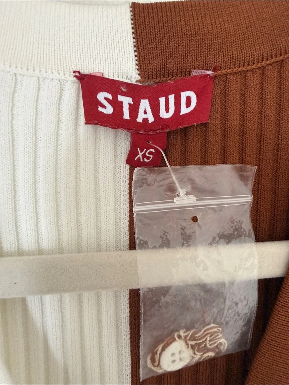 STAUD Two-Tone Ribbed Button-Front Midi Dress in White and Brown - Picture 4 of 5